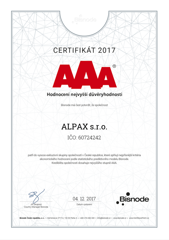 Certifikát 2017 – hodnocení nejvyšší důvěryhodnosti